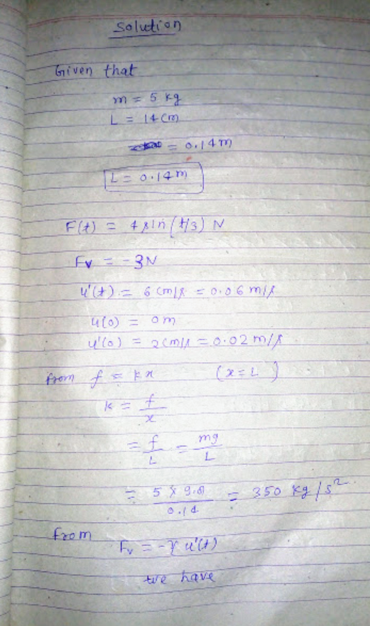 solution Given that m = 5kg L = 14-cm 0.14m L = 0.14.m F(t) = 431n/H3) N fv = -3N U(+)- 6 cm = 0.06 mix 410) om ulo) = 2(M =