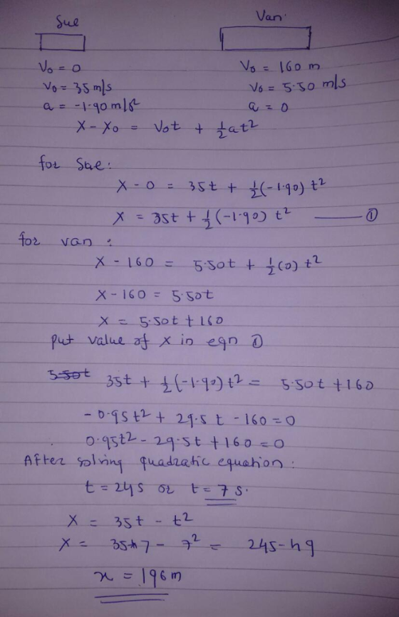 Sue Van Vs= 160m vo- 35 mls Vs = 5:30 mls for Sae for van X 1605 Sot put-value at xine9nO Afher solving fuadaahc equahon