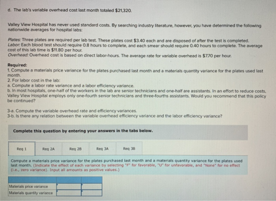 d. The labs variable overhead cost last month totaled $21,320. Valley View Hospital has never used standard costs. By search