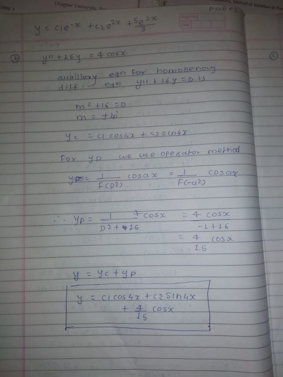 (Nagpur Universit: S- ons. Method of Variation of Par cosec page2 = clex teze2x + 5 e 2x (b = 4 cosx yu+t6y auxiliary egn for