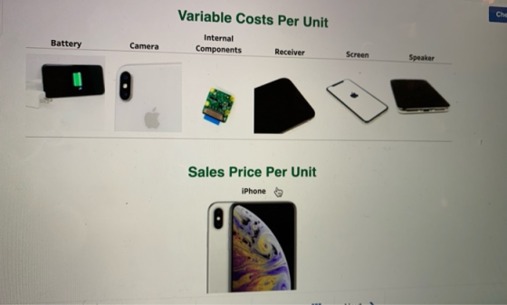 Variable Costs Per Unit Internal Components Receiver Battery Camera Screen Screen Speaker Sales Price Per Unit iPhone