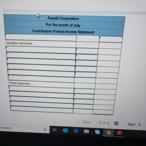 Fanelli Corporation For the month of July Contribution Format Income Statement Variable expenses: Fixed expenses Prev 1 of 5