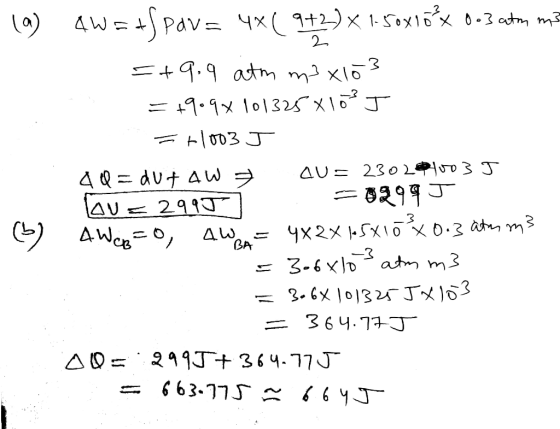 (9) 4W=+S pava 4x( 9+2)x 1-5oxió x 0.3 atm mo? =+9.9 atm m3x10 3 = +909 101325*103 J FH003 J 40= dutaw + CU=230281003 J A = 2