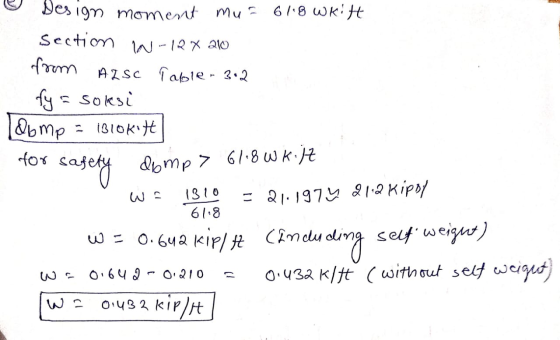 Design moment mua 6118 Writt Section w-124 210 from AZSC Table - 3.2 fya soksi 1Qbmp = t3lokitt for safety comp> 61-8W Kijt =