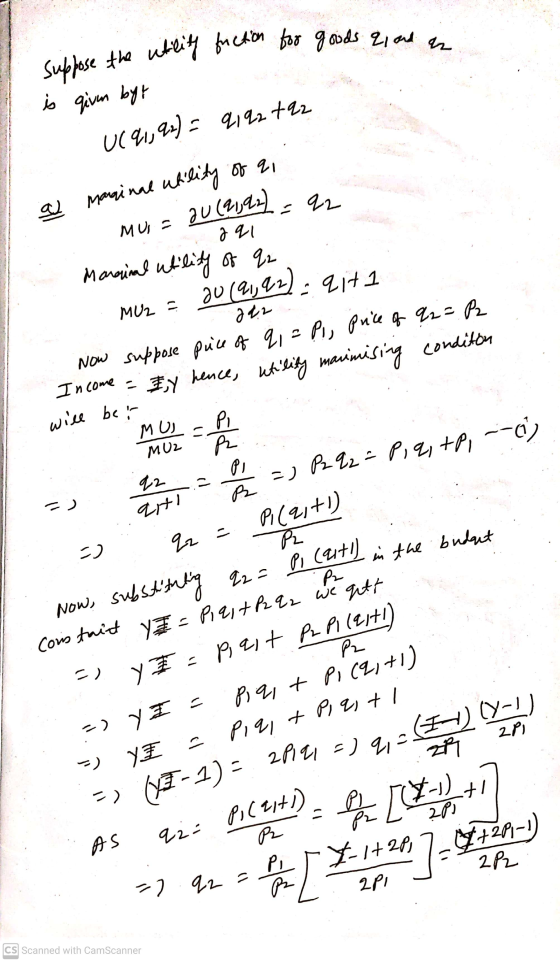 Suppose the utlity fuction for goods 21 and an Ř =) P2 Q2 = P, qi+P, -1) Pi (ait) in the is given byt U(91,92) = 9122792 of q