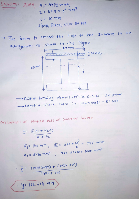 Solution given, Ap=5472 mme, mmy 6 I = 59.9 X 109 t = 10 mm Shear Force, C5) = 50 KN I- beum in an → The beam to connect the