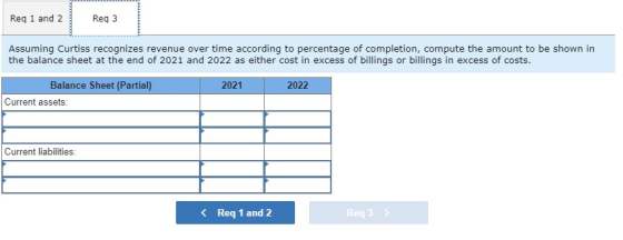 Req 1 and 2 Reg 3 Assuming Curtiss recognizes revenue over time according to percentage of completion, compute the amount to