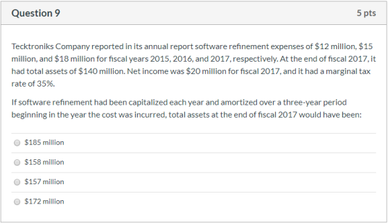 Question 9 5 pts Tecktroniks Company reported in its annual report software refinement expenses of $12 million, $15 million,