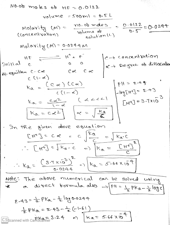 0. No. of moles of HE=0.0122 - volume sooml = 0.5L molarity (M) = no. of ndes . o. ==0.0244 (concentration, volume of 0.5 sol