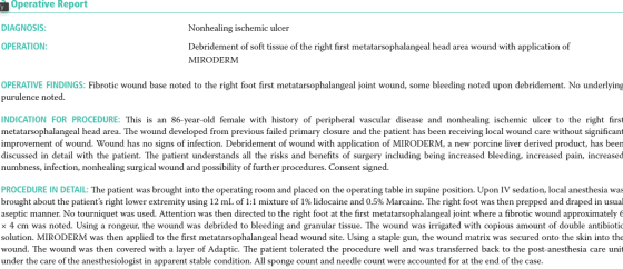 Operative Report DIAGNOSIS: OPERATION: Nonhealing ischemic ulcer Debridement of soft tissue of the right first metatarsophala