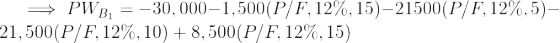 PWB2 = -30,000–1,500(P/F,12%, 15)-21500(P/F,12%, 5)– 21,500(P/F, 12%, 10) + 8,500(P/F, 12%, 15)