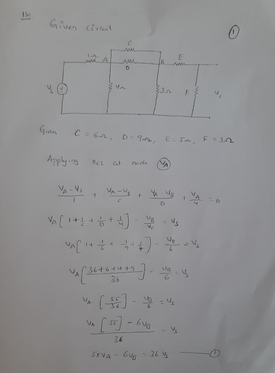 197 Given circuit E un A AM B V 33. F Given C = 6an, D-9, E=5n, F=30 Applying at node + D UB VS VA [ 141 + 2 + 4 VAL It - 6 V
