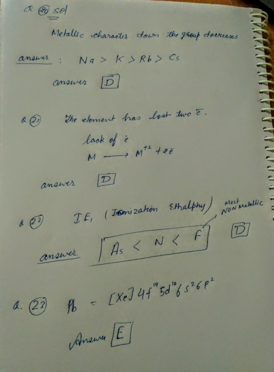 sel Metallic aharacles doun the oup deareases anauer Na KSR6 > Cs anawer The element has lest two laok of +2 M anewer TE Tniz