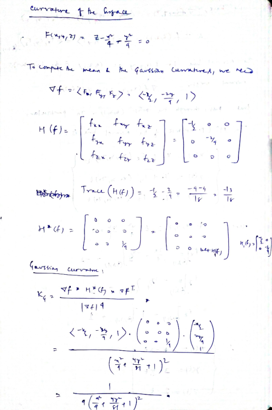 curvature of the Serface Firy, 2) = Zn 4 To compute the mean & the Gaussian Cunraturex, we need If = < For Fiore >; <2, 1) O