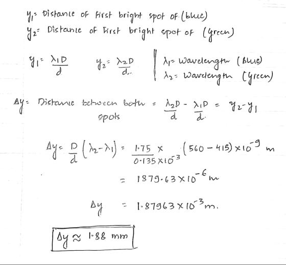 y = Distance of first bright spot of (blue) Yz Distance of torst bright spot of (green) A wavelength (blue) Az= Wavelength (G