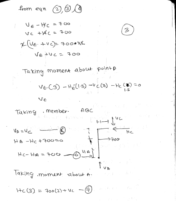 from ean ③, ④ o Ve - HC = 700 vc t&c=700 CƯe →v> Tooº . VetUC= 700 Taking moment about point a VE.C.3) - Hell!5) -VC (3) - Hc