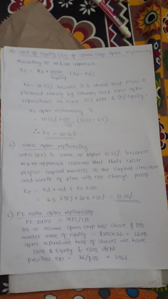 acost quiy (Ke) pam p afie efirnth Accevchng to m&n arprecch Ke = Ko t Debt Lquity Ko- 13.35/ becuse ts stafni that eirn & fi