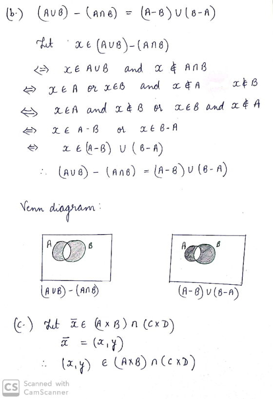 (b) (AUB) - (ANB) = (A-B) U1B-A) + 1 + (4 U 8)-( 8 1 8) <=) XE AUB and a ¢ AAB X EA or X EB and x&A x&B & XEA and x&B or X EB