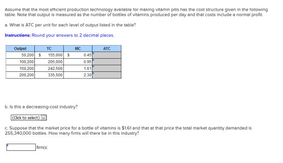 Assume that the most efficient production technology available for making vitamin pills has the cost structure given in the f