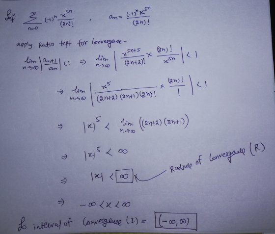 Sign (yon xon an= (H)ash (2n)! (an)! no apply Ratio test for Convergence- @n)! lim jant! | dim nto snt5 X (anta)! ron no (2n