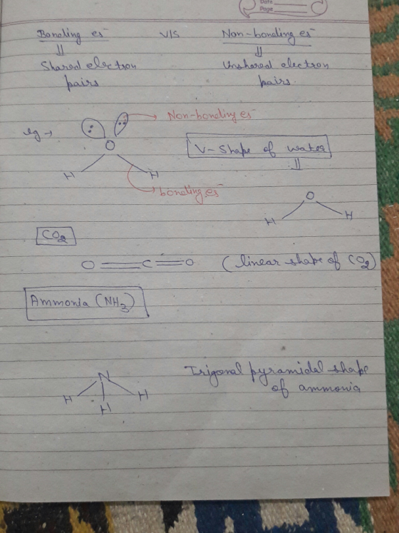 Page VIS Non-bonating es Boneling es Shared electron pairs Unshared electron .دلم u Non-boneling er - lv- shape of water -o l