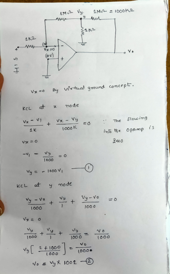 uns Vy. Amor = 1000ks 1K2 t Vx=0 Cov) OV šiH Vxzo By virtual ground concept. KCL at x node S The flowing + vx - Vy 1000 K 1K