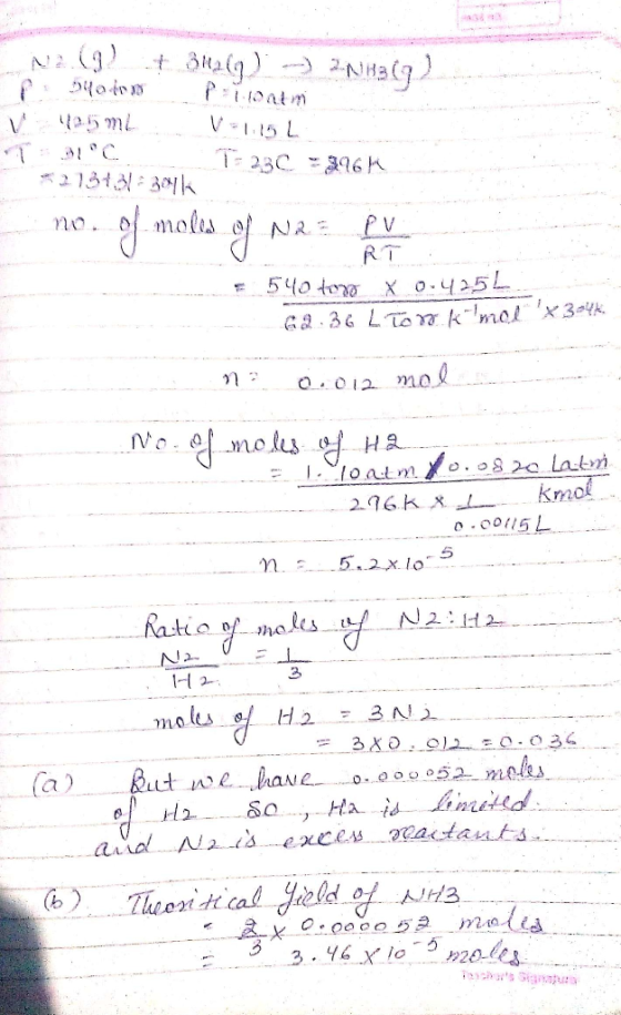 Nag! 3H2(g) ) Inhala 40403 pp10nm 425 m2 V-1015L T IC -230 = 396K *21340-3046 - no. of moles of Na = PV ART : 540 foyd X 0.42