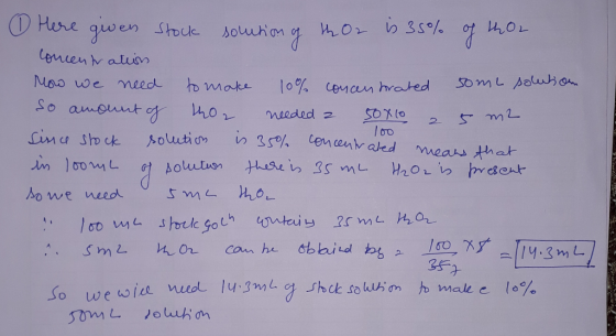 Pere gewen Stock solution of thO2 15 35% of tho2 concentration How we need to make 10% concentrated some soluson. so amount o
