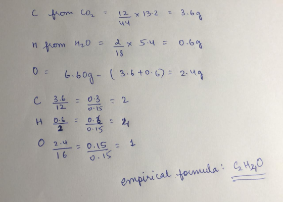 c from con = 12 x 13.2 ²3.6g in from H2O = 2 x 5.4 = 0.6g ) 8 0= 6.60g ( 3.6 +0.6)= 2.49 ca 0:3 = 2 . 0 2.4 -0.15- 16 empiric