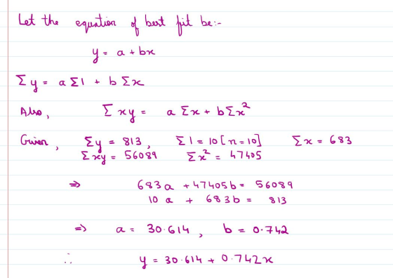 Let the equation of best fit be: y = at br Ey αΣΙ + b Ex Also, Σκη - a Entber Guien Ey 813, Ex= 683 El=10(n=10 Ex = 47405 Exe