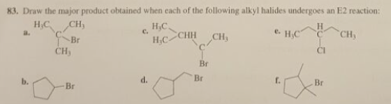 83. Draw the major product obtained when each of the following alkyl halides undergoes an E2 reaction: H,C C. e H,C CHy CHy CI b. d. Br Br Br