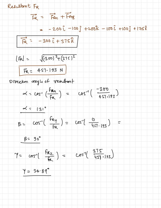 Resultant Fr FR = FC + FAB z - 200 -100j +200k - 100 i +100j +175K IFR = -300 i +375 (FRL - V63.00) +(375)2 | FR = 457.19 N D