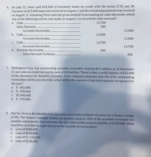 6. On July 22, Peter sold $23,500 of inventory items on credit with the terms 2/15, net 30. Payment on $15,000 sales was rece