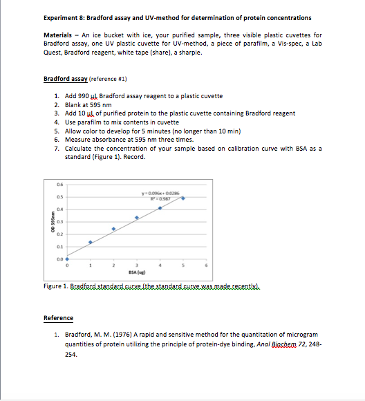 Experiment 8: Bradford assay and UV-method for determination of protein concentrations Materials - An ice bucket with ice, yo