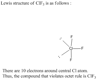 Lewis structure of CIF3 is as follows: F 1-F L There are 10 electrons around central Cl atom. Thus, the compound that violate