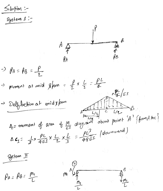 Solution : System 1: B R E q RB PA -) RA = RB = b Moment at mid span mid span = fx v 2 PL . V 4 at B /er 11 Delflection at mi