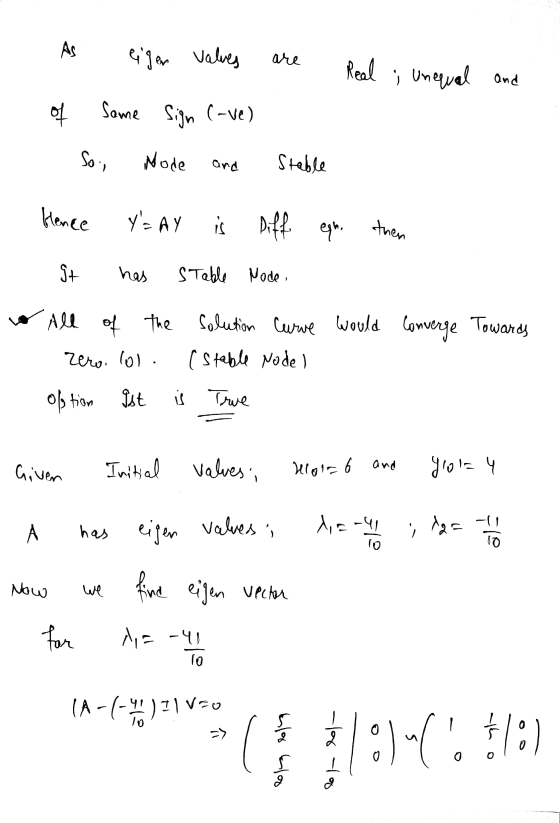 As eigen values are Real ; unequal and of Same Sign (-ve) son Mode and Stable Hence Y=AY is is Diff. Diff egno then 5+ has S