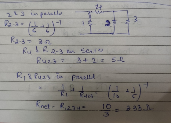 4 283 in paralls R2-3 = L 3. 1 6 R2-3= 32 RudR 2-3 ein series Ru23 = 3+2 = 54 سے R, & Ru 23 en parallel 1 Tues 2 to 1o Ri Rue