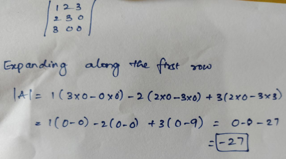 123 23 o 3 00 Yow Expanding along the first Tala ( 3X0-0x0) - 2 (2x0-3x0) + 3(2x0-3x3) 1(0-0) -2(0-0) +3(0-9) = 0-0-27 (-27