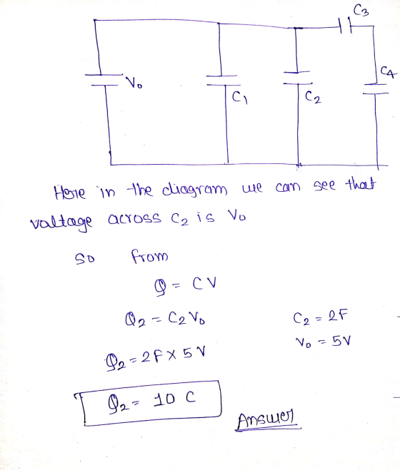 С CA Vo Ci C2 Here in the diagram we can see that voltage across C2 is vo so from 9 = CV O2=C2 Vo C2 = 2F No=50 92 -2Fx5V 92-