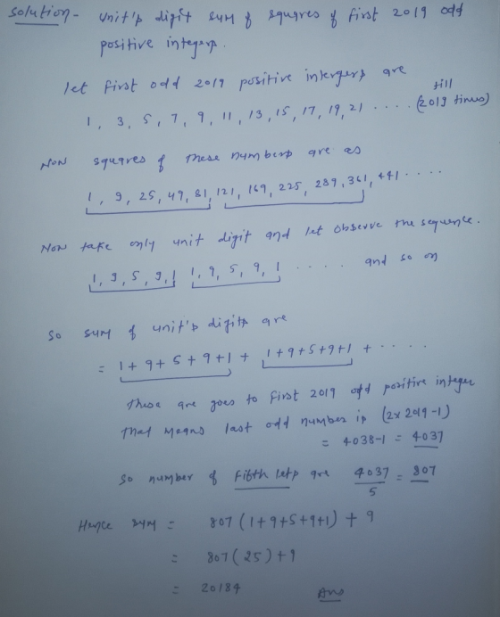 solution - Units digit sum of squares of first 2019 odd positive integerp let first odd 2019 positive intergers are 1, 3, 5,