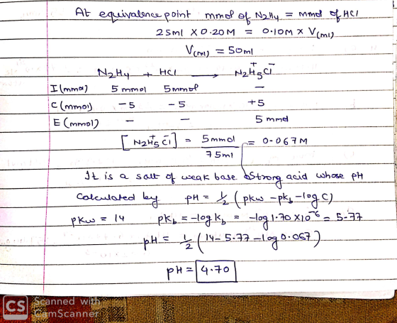 At equivalence point mmol of Nally = mmol of Hel 25ml x0.20M = 0.10M X V(mi). Vcamos = 50ml Naty HCL Natisci I (mmal 5 mmol 5