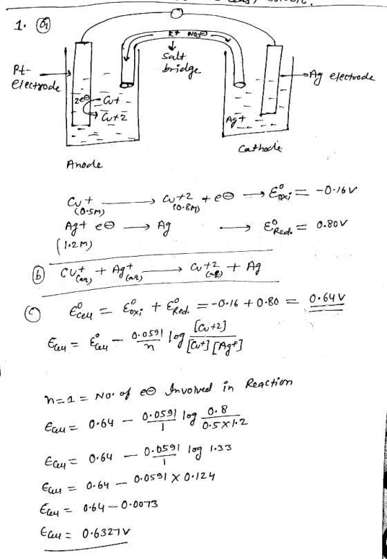 1. ( Salt Pt- electrode idge electrode art Cathele Anode E 0-16V Cut CO-SM) Agt ee (-2P) 0.80 V CUt2 Caf Car) =-O-16 0.80 - 0