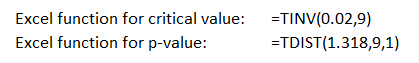 Excel function for critical value: Excel function for p-value: ETINV(0.02,9) =TDIST(1.318,9,1)