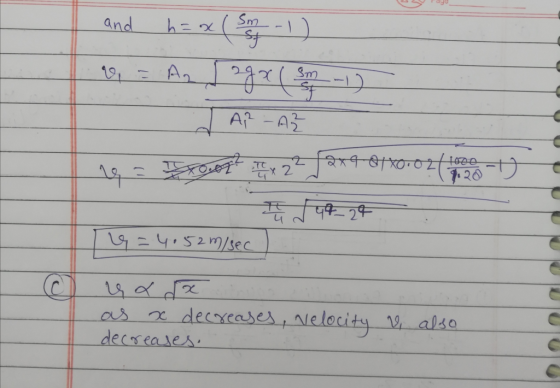 and h=x est An sm 0 AR - AZ 19 = roof? t y 22 22x9 880-02 / 1800 -) II J 44-24 4 =4.52m/sec c ya da x decreases, velocity V,