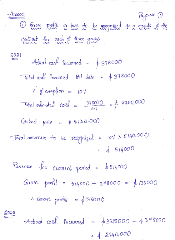 Answer Page: No ① o Gorosa puolito con los estos be recognized as a oresulta ng the contracte for each of three years 2021 An