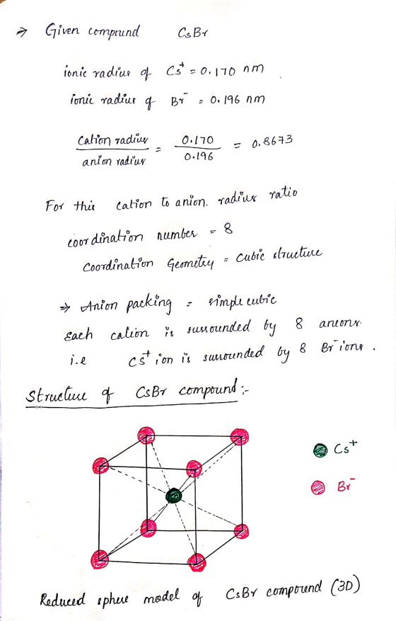 Reduced sphere model – Given compund Cs Br ionic radius of (3 = -0.170 om Tonic radius of Bri - 0.196 nm Calion radice 0.170