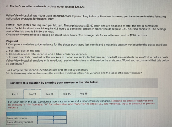 d. The labs variable overhead cost last month totaled $21,320. Valley View Hospital has never used standard costs. By search