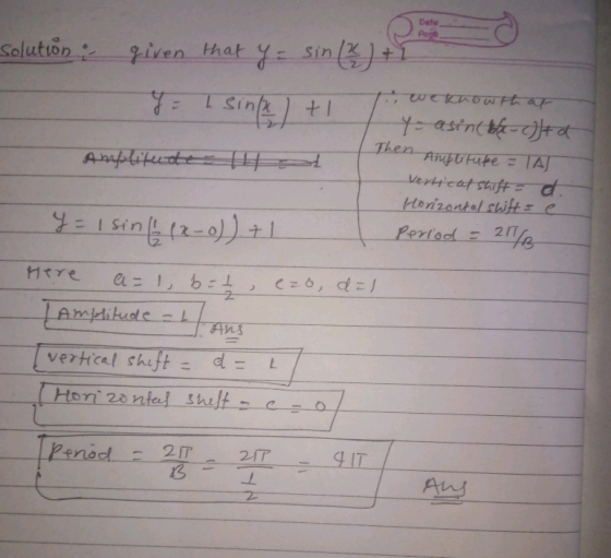 De solution : given that y = sin() + 1 to wekhowth at Y = asin bole()+d Then amplitufe = IAL amplitude 11 Vertical shift = d.