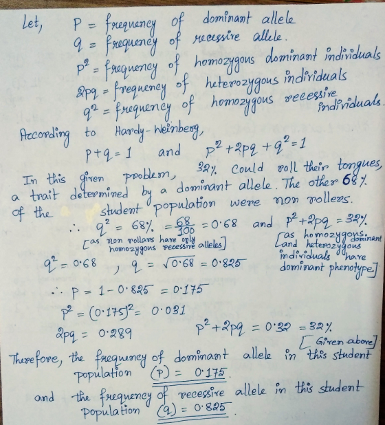 Let, P-frequency of dominant allele 9 - Frequeney of necessire allele. p? = frequency of homozygous dominant individuals 2p9